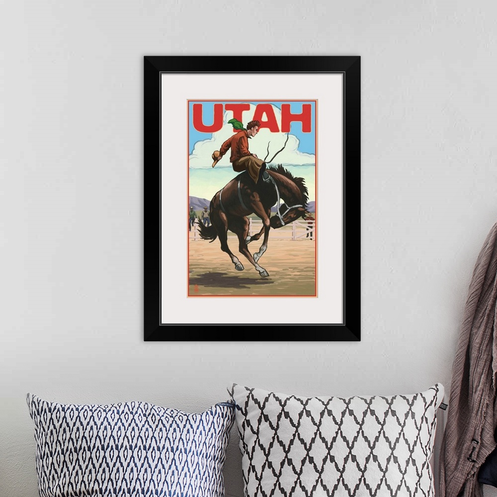 A bohemian room featuring Utah - Bronco Bucking: Retro Travel Poster