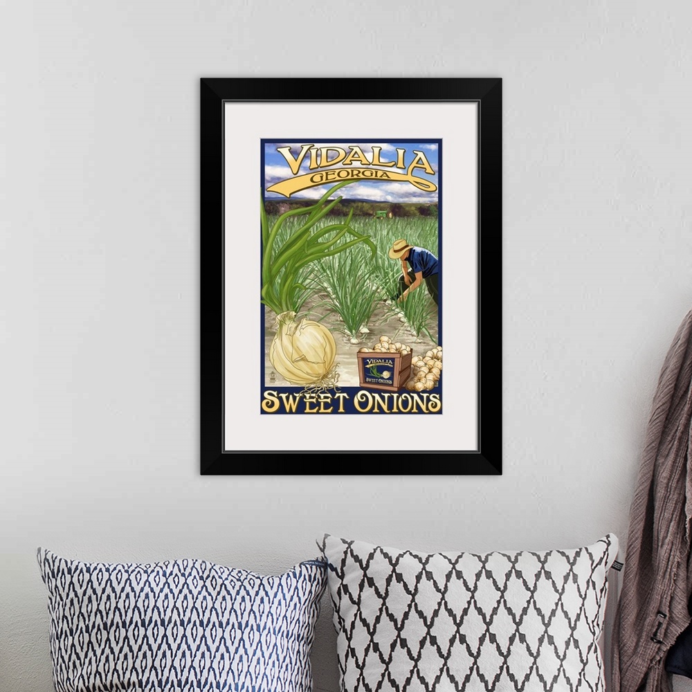 A bohemian room featuring Retro stylized art poster of a farmer harvesting sweet onions from a landscape of crops.