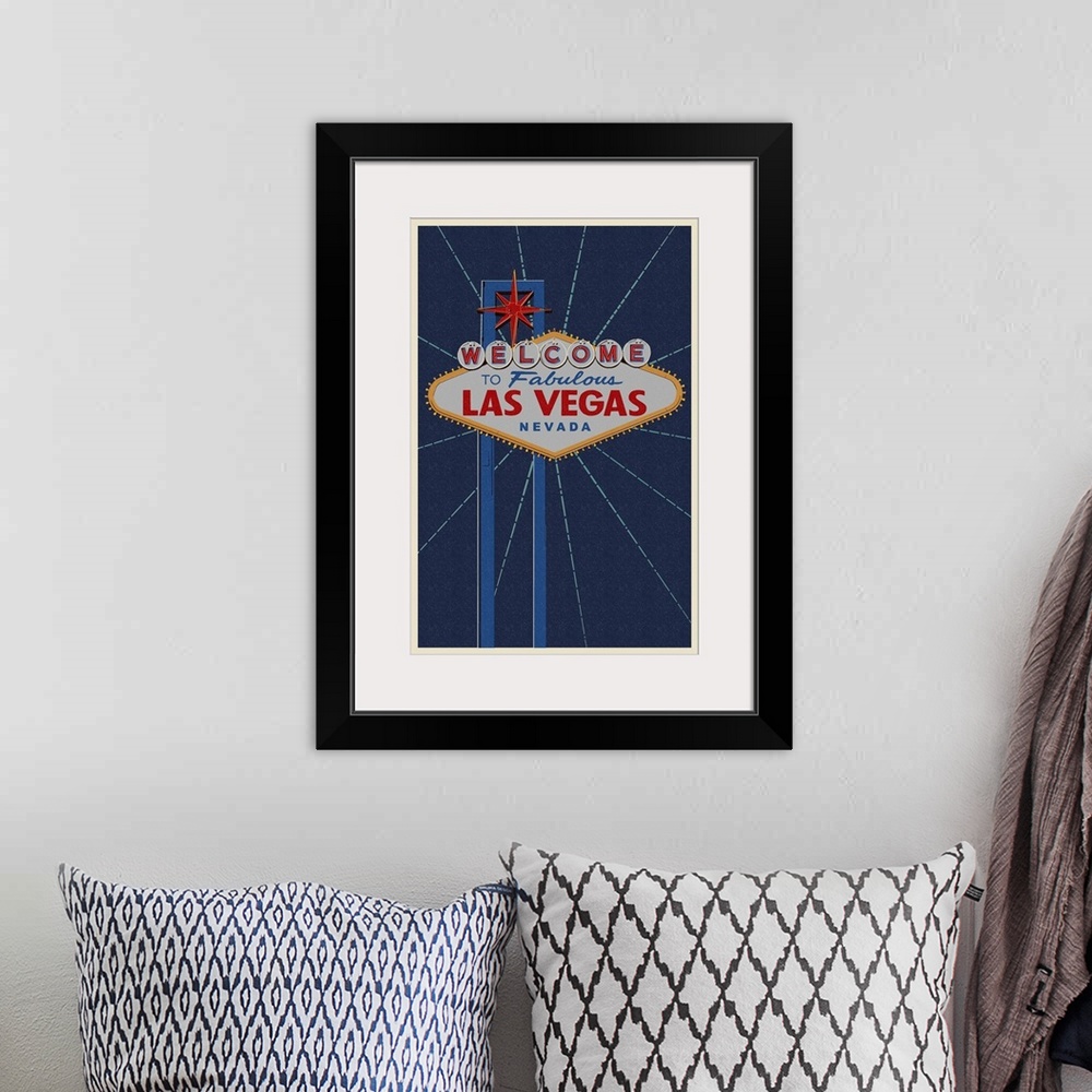 A bohemian room featuring Welcome to Las Vegas Sign - Letterpress: Retro Travel Poster