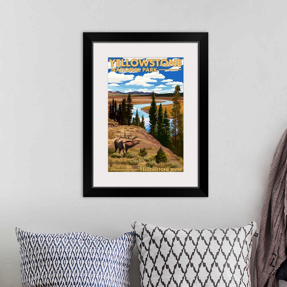 A bohemian room featuring Yellowstone National Park - Yellowstone River and Elk: Retro Travel Poster