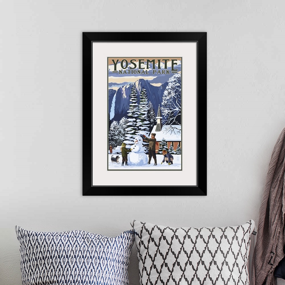 A bohemian room featuring Yosemite Chapel and Snowman - Yosemite National Park, California: Retro Travel Poster