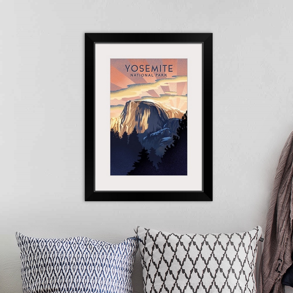 A bohemian room featuring Yosemite National Park, Half Dome Sunrise: Retro Travel Poster