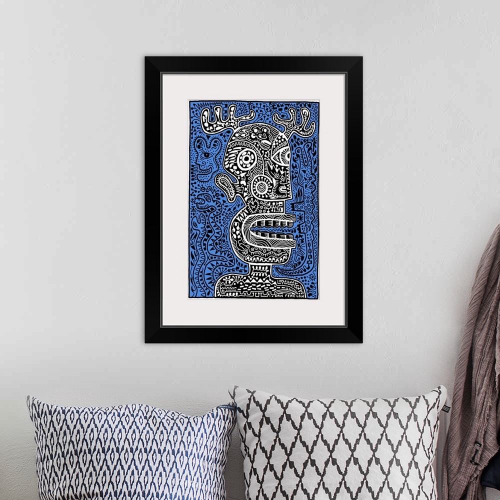 A bohemian room featuring Contemporary abstract artwork of a monster head with intricate and detailed patterns, against a b...