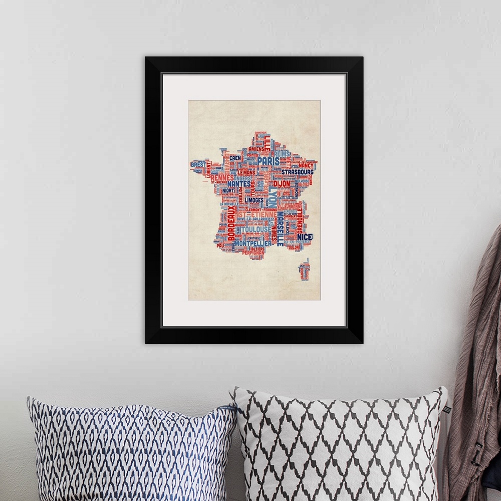 A bohemian room featuring French Cities Text Map, French Colors on Parchment