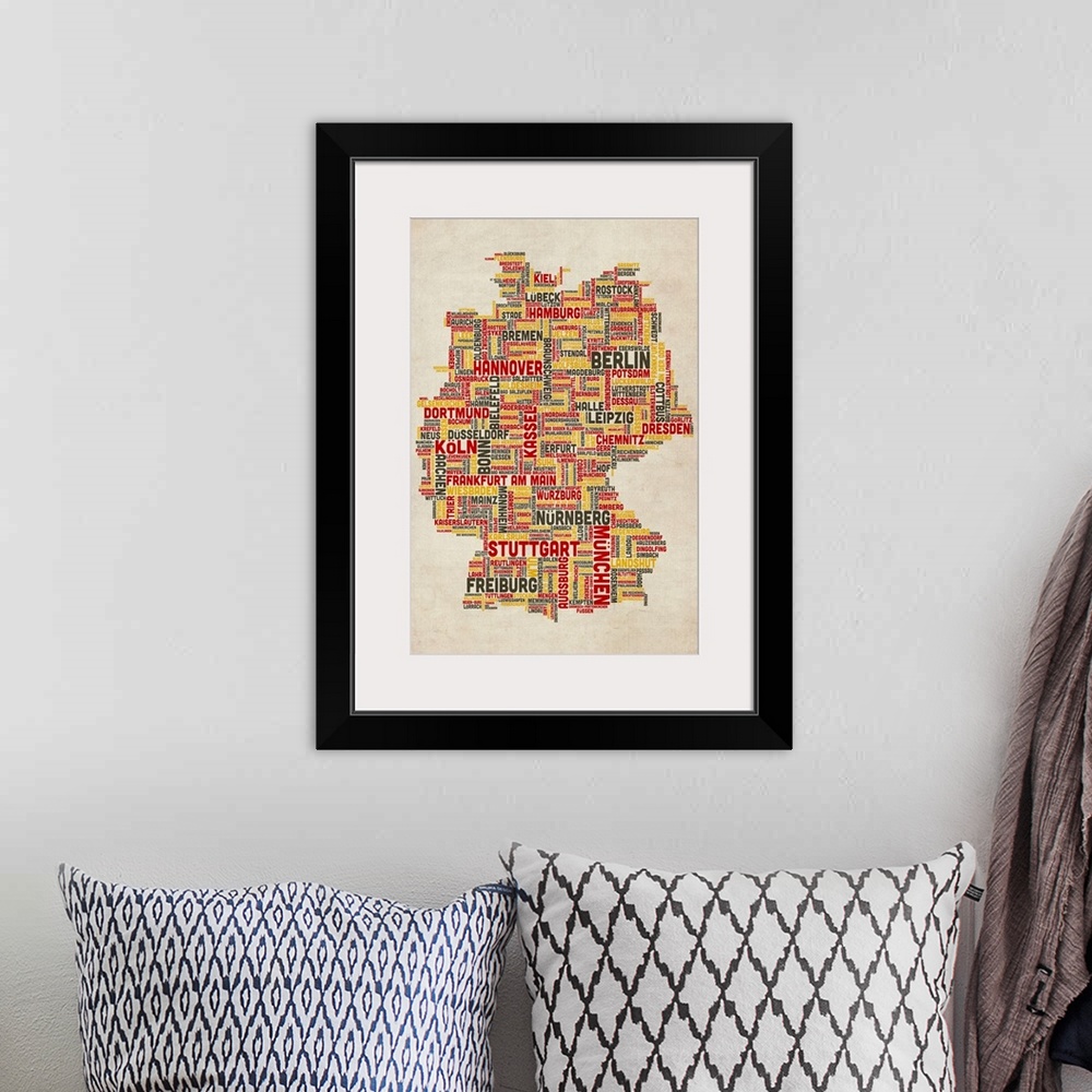 A bohemian room featuring German Cities Text Map, German Colors on Parchment