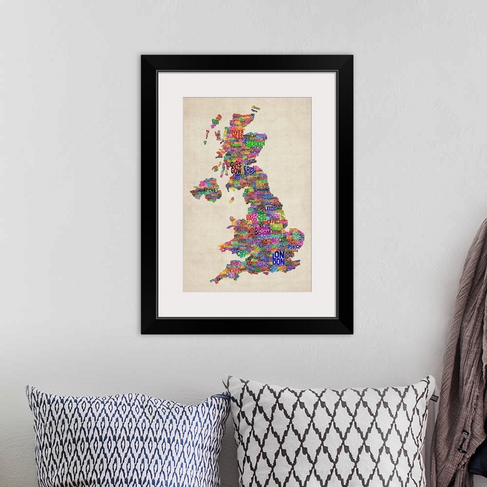 A bohemian room featuring Great Britain UK City Text Map, Colorful