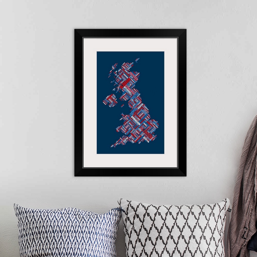 A bohemian room featuring Great Britain UK City Text Map, Diagonal Text, Red White and Blue