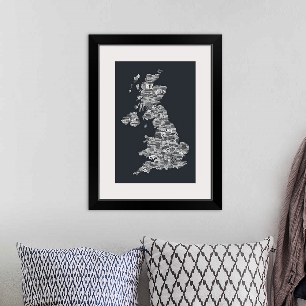 A bohemian room featuring Great Britain UK City Text Map, Grayscale