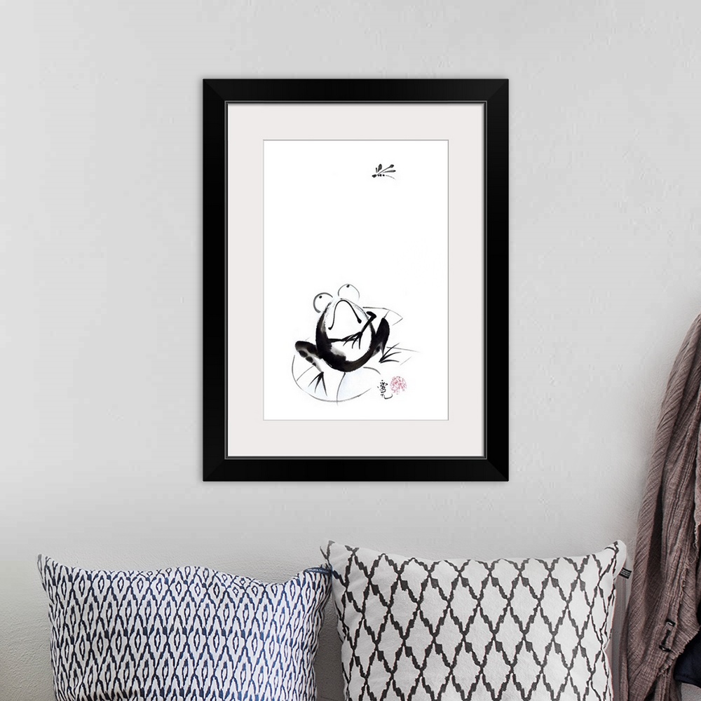 A bohemian room featuring Chinese ink painting of a frog starring up at a mosquito flying by.