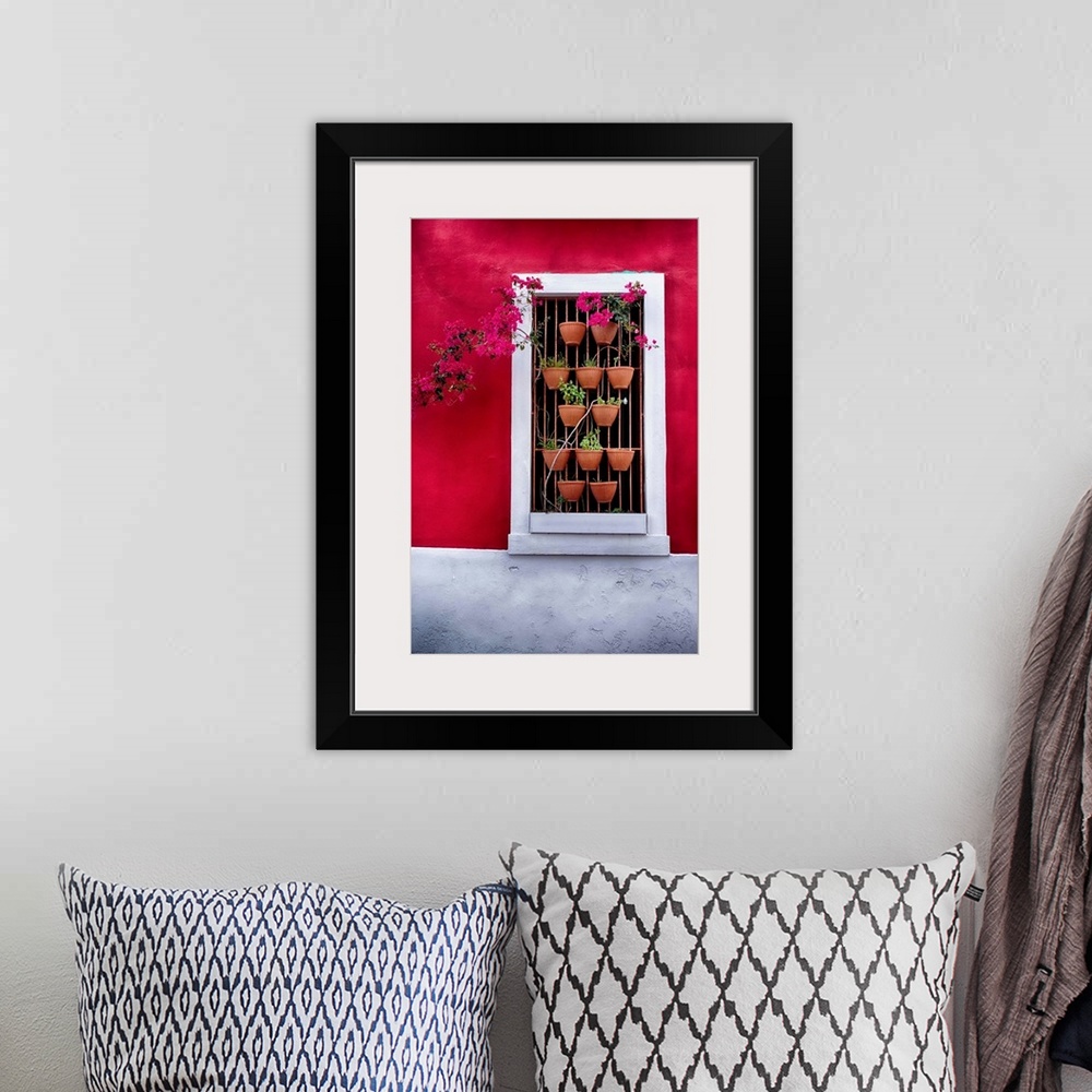 A bohemian room featuring Fine art photo of a window in a red wall with several potted plants.