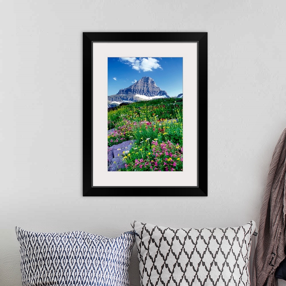 A bohemian room featuring Tall canvas of beautiful wildflowers in a field in front of a rugged mountain.