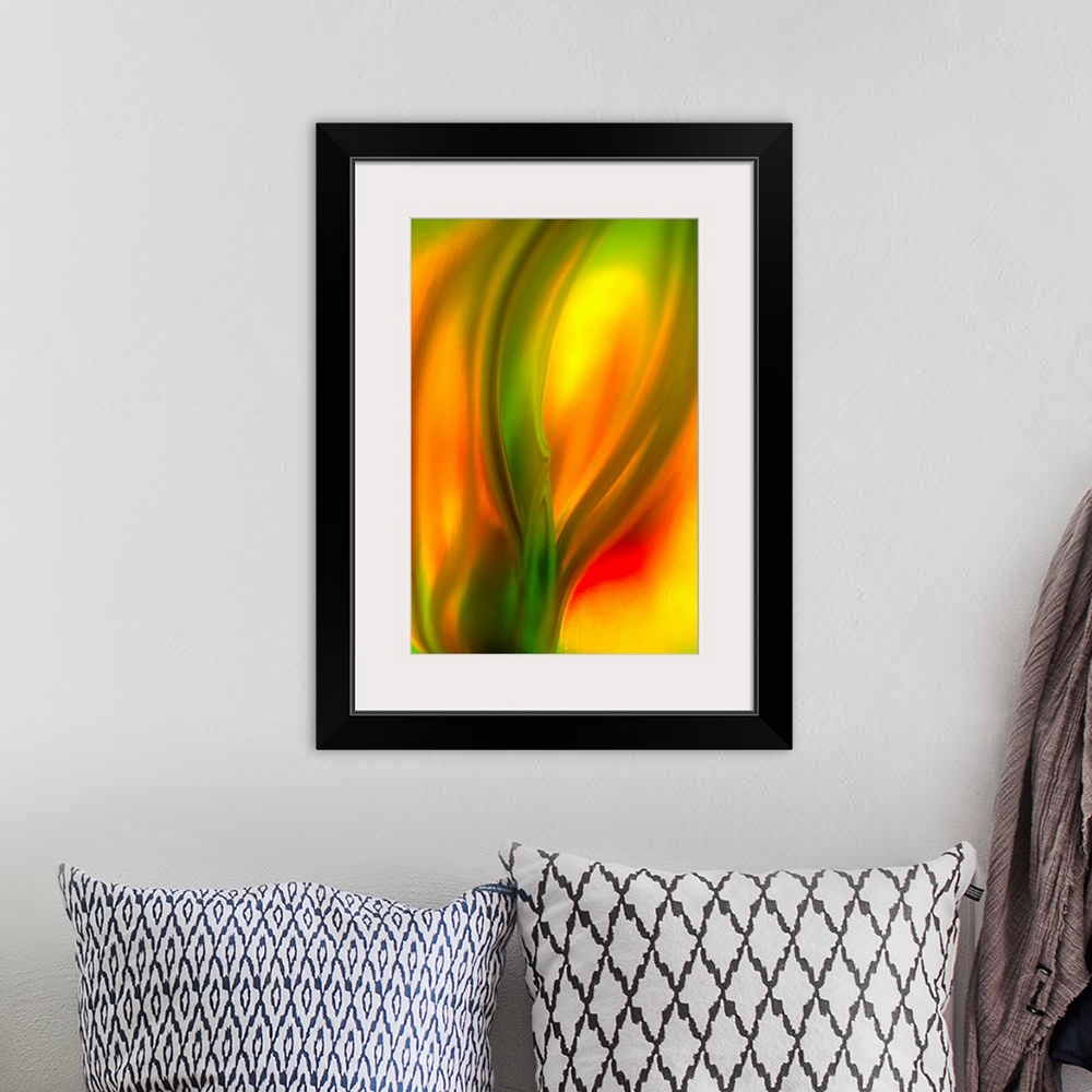 A bohemian room featuring Vertical, fine art, close up photograph of a vibrant tulip, the image is very soft and fluid with...
