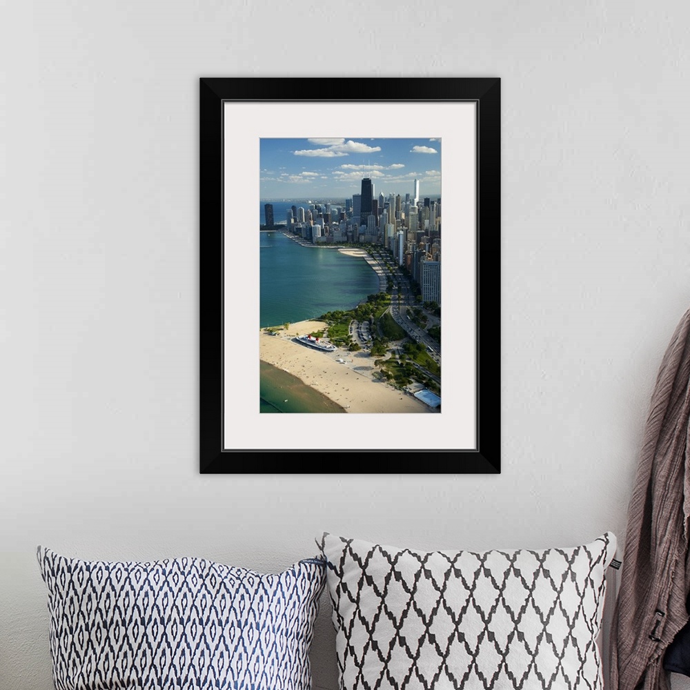 A bohemian room featuring Big vertical aerial view of the city of Chicago in Cook County, Illinois (IL). People relaxing an...