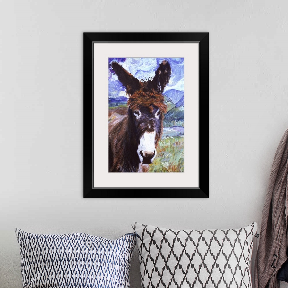 A bohemian room featuring Contemporary artwork of a donkey with fuzzy fur in a field.