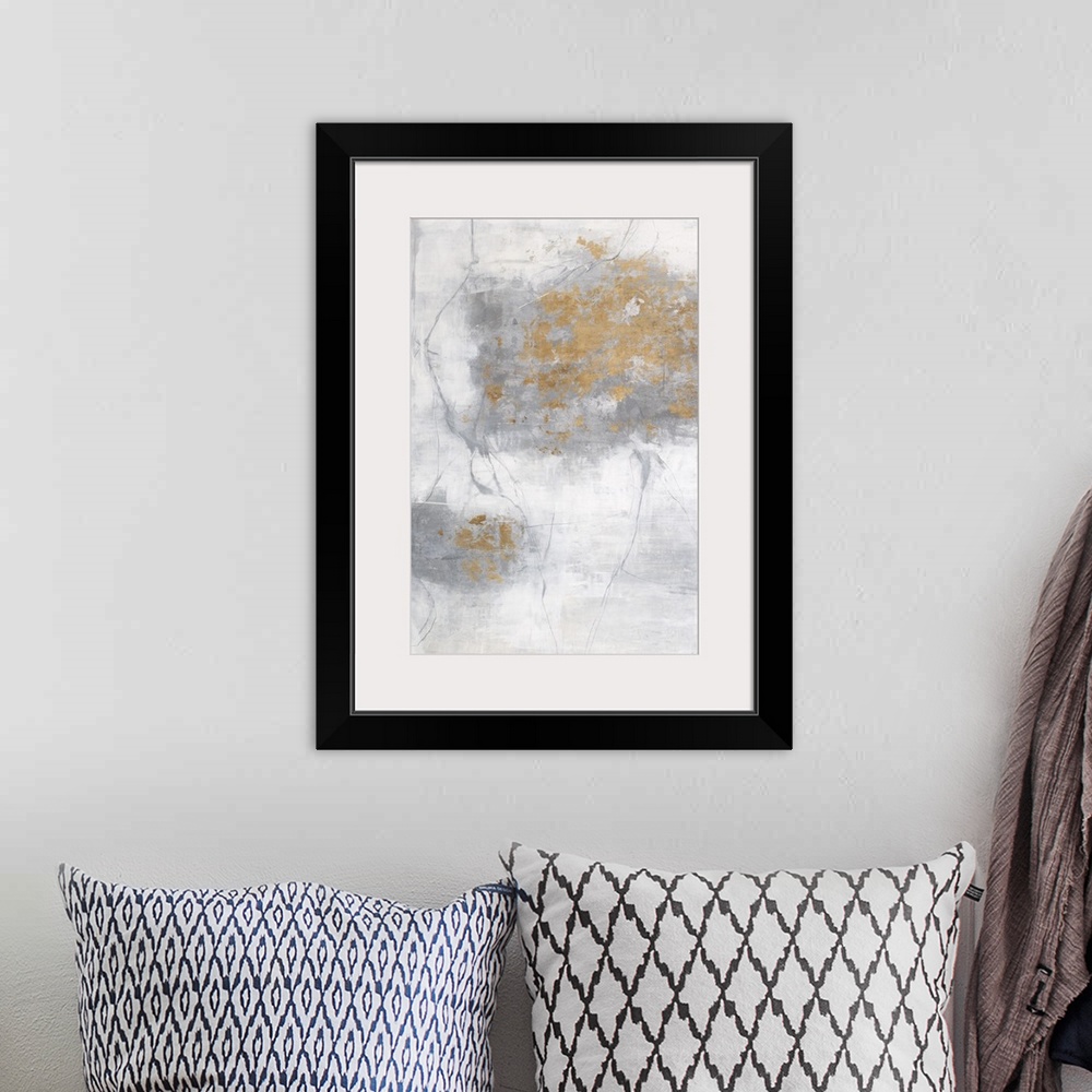 A bohemian room featuring Soft abstract painting with a white background and gray lines on top creating texture, a large sp...