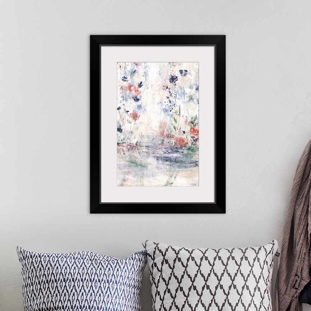 A bohemian room featuring Contemporary abstract painting with small floral shapes against white.