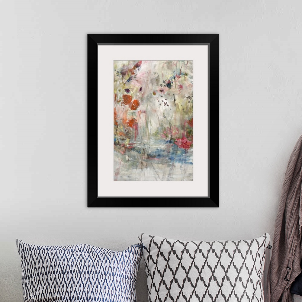 A bohemian room featuring Semi-abstract contemporary painting of bright pink flamingos in shallow water.