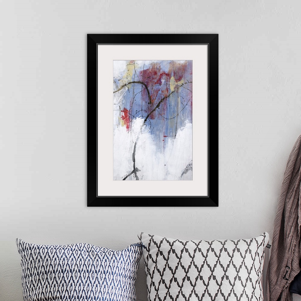 A bohemian room featuring Vertical abstract painting in pastel colors in blue and red with winding black lines throughout.