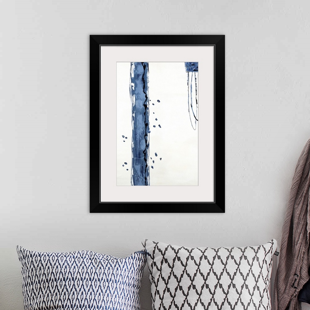 A bohemian room featuring Industrial abstract painting with a thick blue-gray vertical line, dots, and a square with thin r...