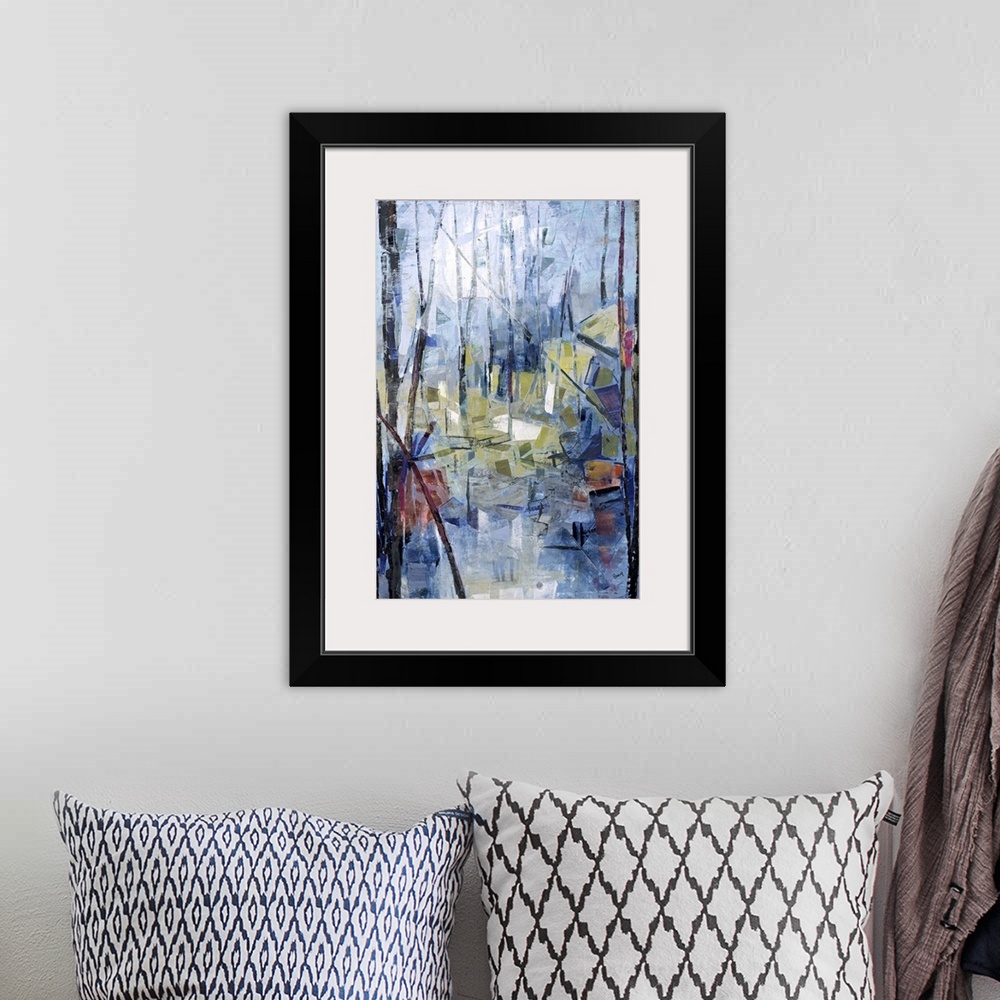 A bohemian room featuring An abstract landscape of trees in a forest in a cubism modern style.