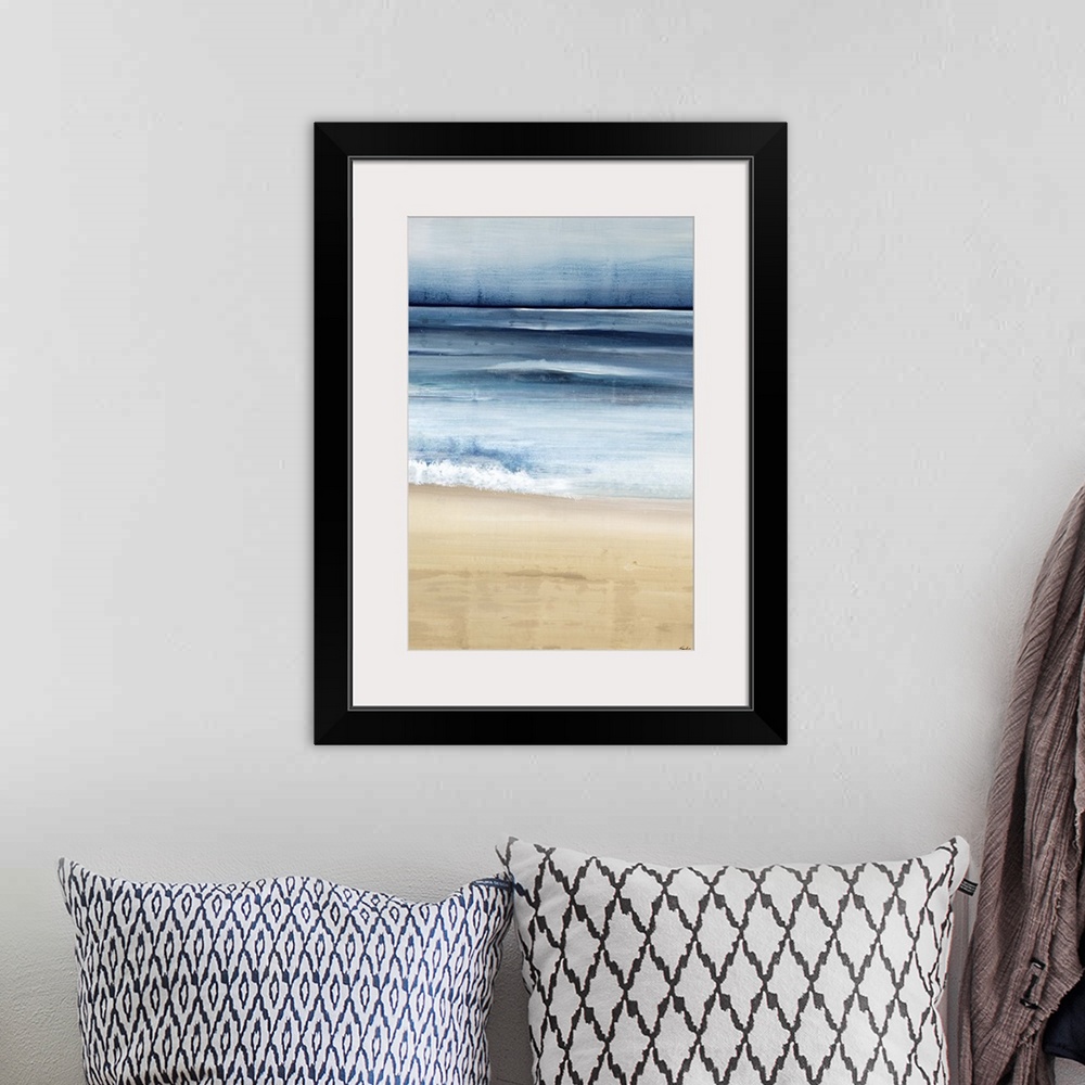A bohemian room featuring Contemporary painting of a peaceful beach scene, where the ocean and sand meet.