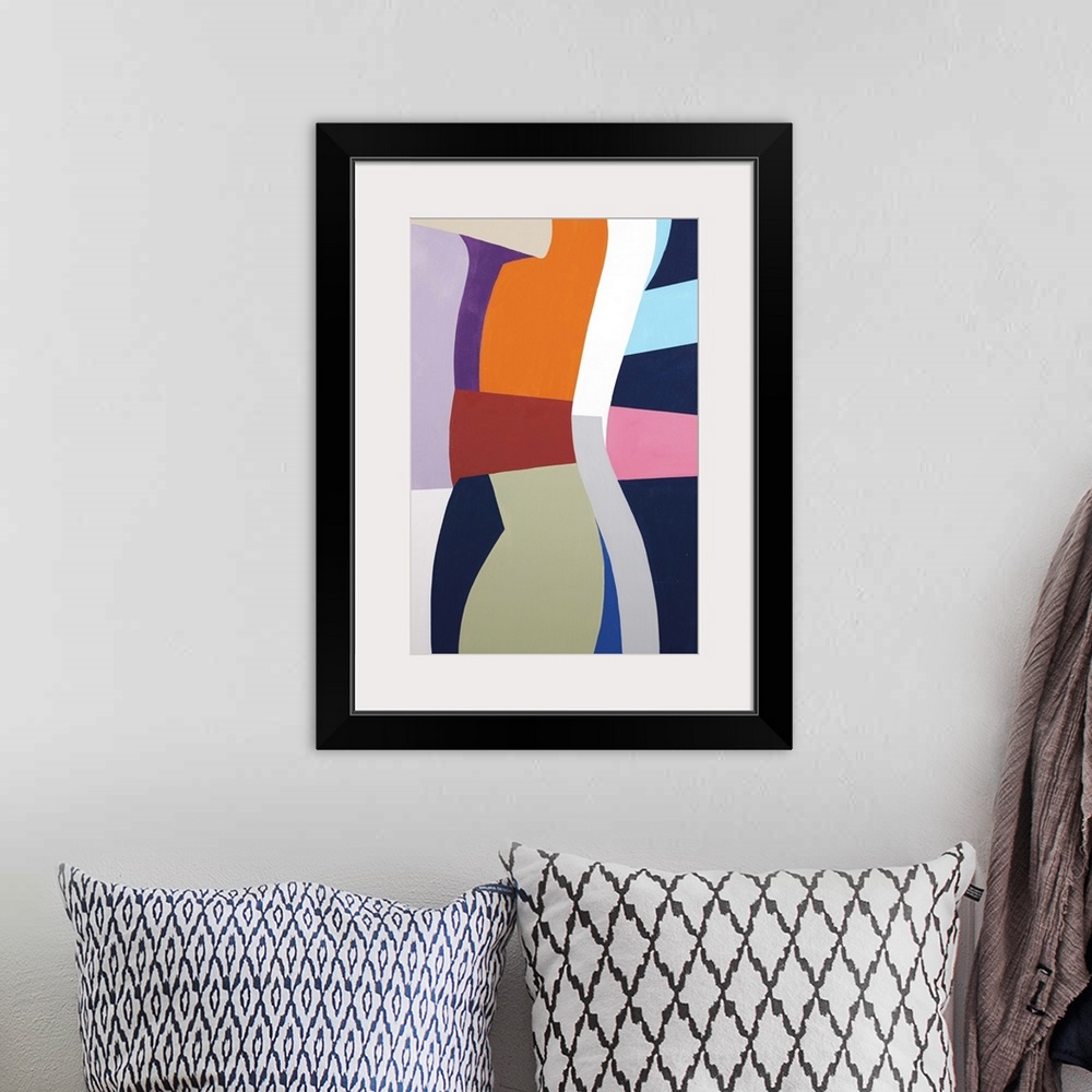 A bohemian room featuring A contemporary abstract painting using geometric forms in retro tones.