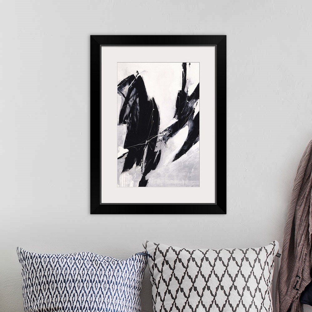 A bohemian room featuring Contemporary abstract painting using dark bold lines against a neutral toned background.