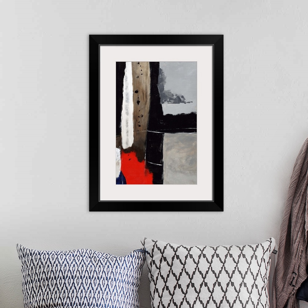 A bohemian room featuring Contemporary abstract painting of dark colored retro shapes.