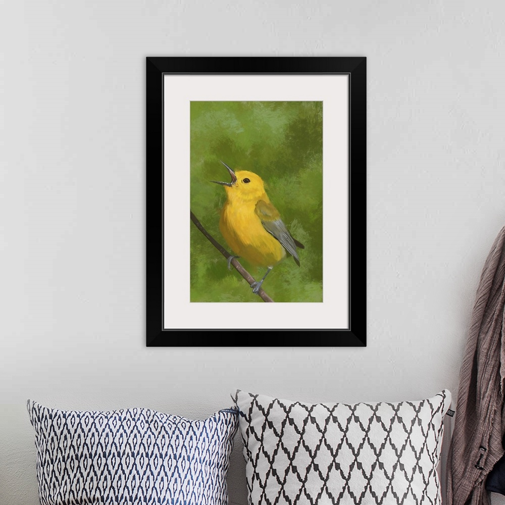 A bohemian room featuring Digital painting of a Prothonotary Warbler. Alberta, Canada.
