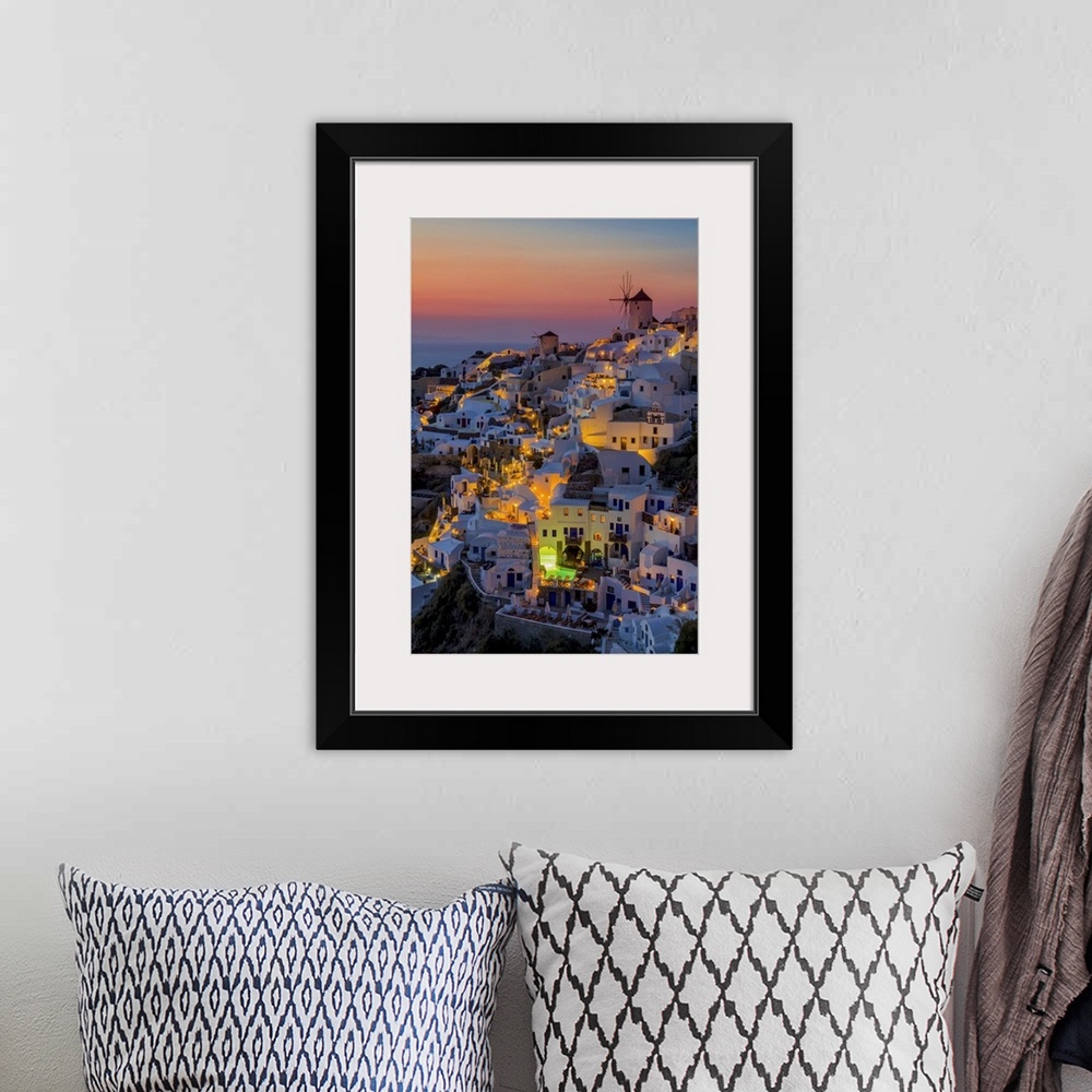 A bohemian room featuring Aerial view of Santorini in Greece at sunset.