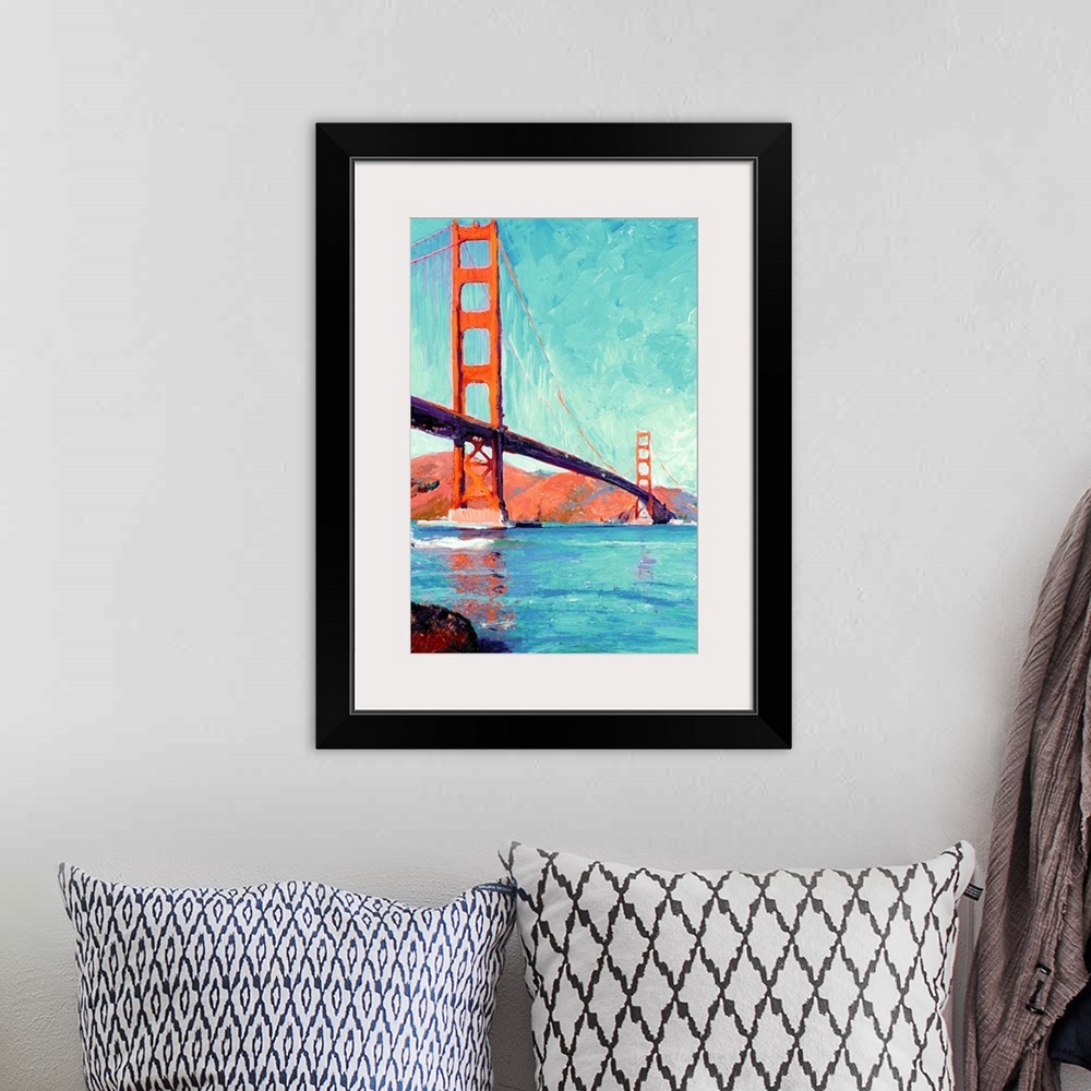 A bohemian room featuring Painting of the Golden Gate Bridge over the San Francisco Bay.