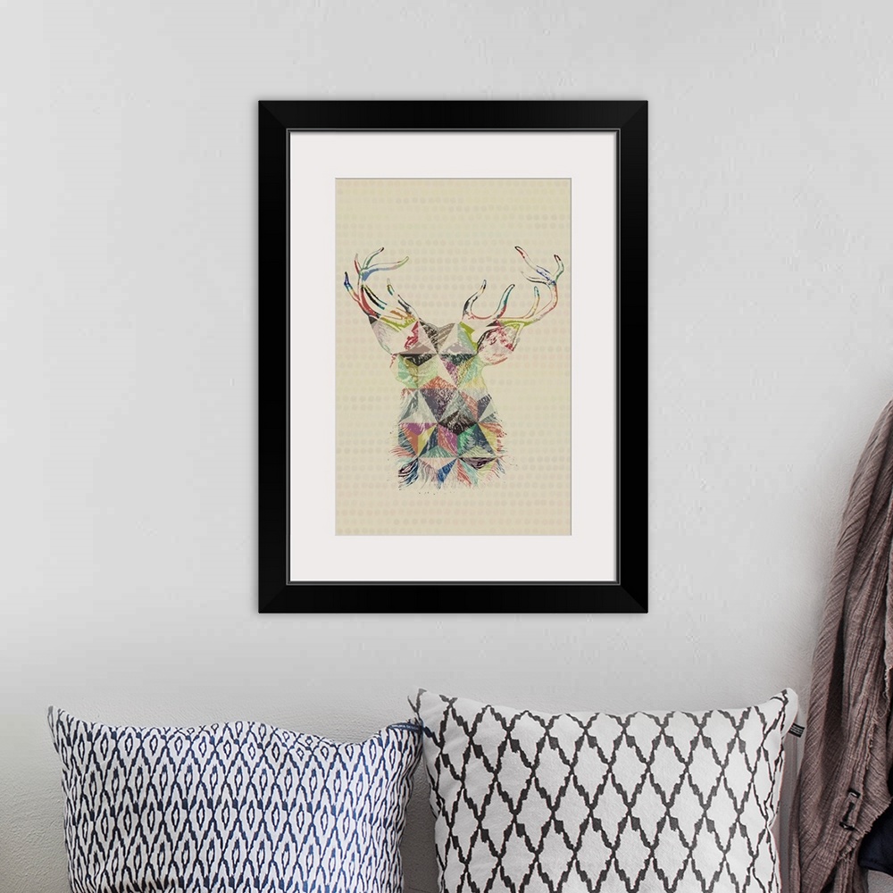 A bohemian room featuring A vintage sketch drawing of a deer  with triangular geometric colored pencil accents.