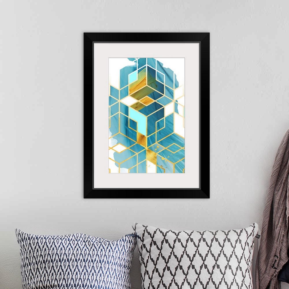 A bohemian room featuring Geometric artwork in shades of blue and yellow with a golden diamond pattern.