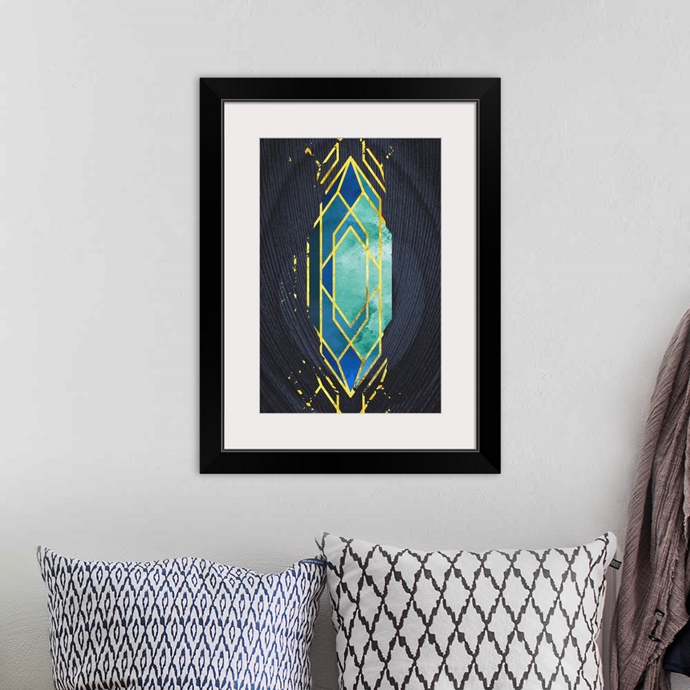 A bohemian room featuring Geometric artwork in shades of blue with a golden diamond pattern on a background of dark navy bl...