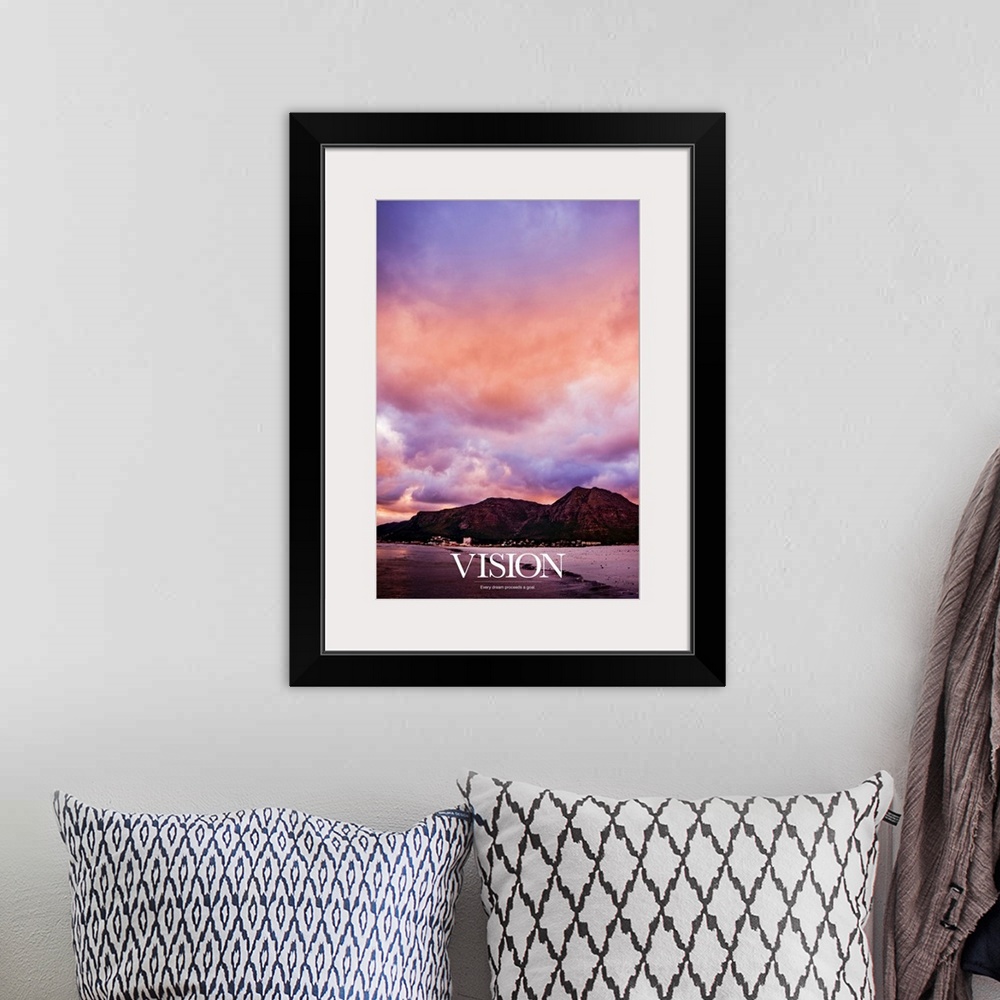 A bohemian room featuring Big, vertical, inspirational wall hanging of a photograph of a pastel sky full of fluff, billowin...