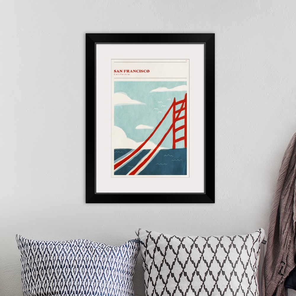 A bohemian room featuring Vertical modern illustration of the Golden Gate Bridge.