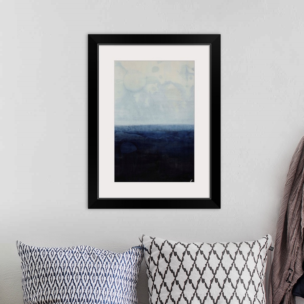 A bohemian room featuring Simplistic abstracted seascape of a field of gray-blue overtop a field of navy.