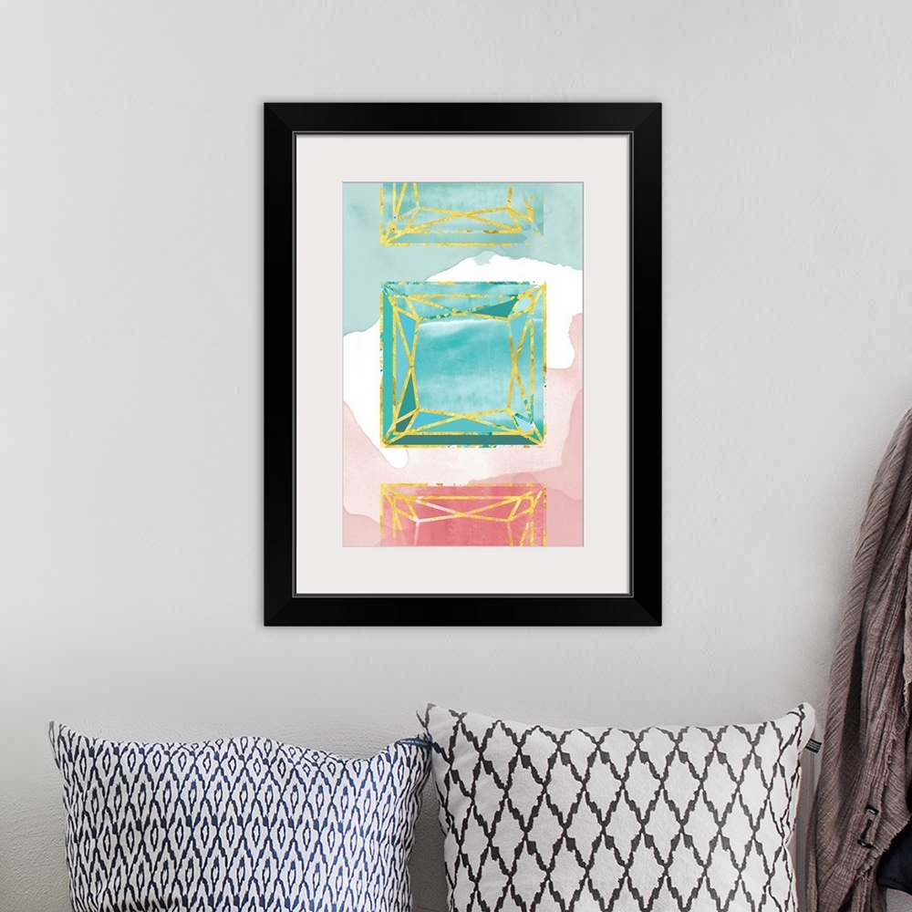 A bohemian room featuring Watercolor image of green and pink gemstones with golden edges.