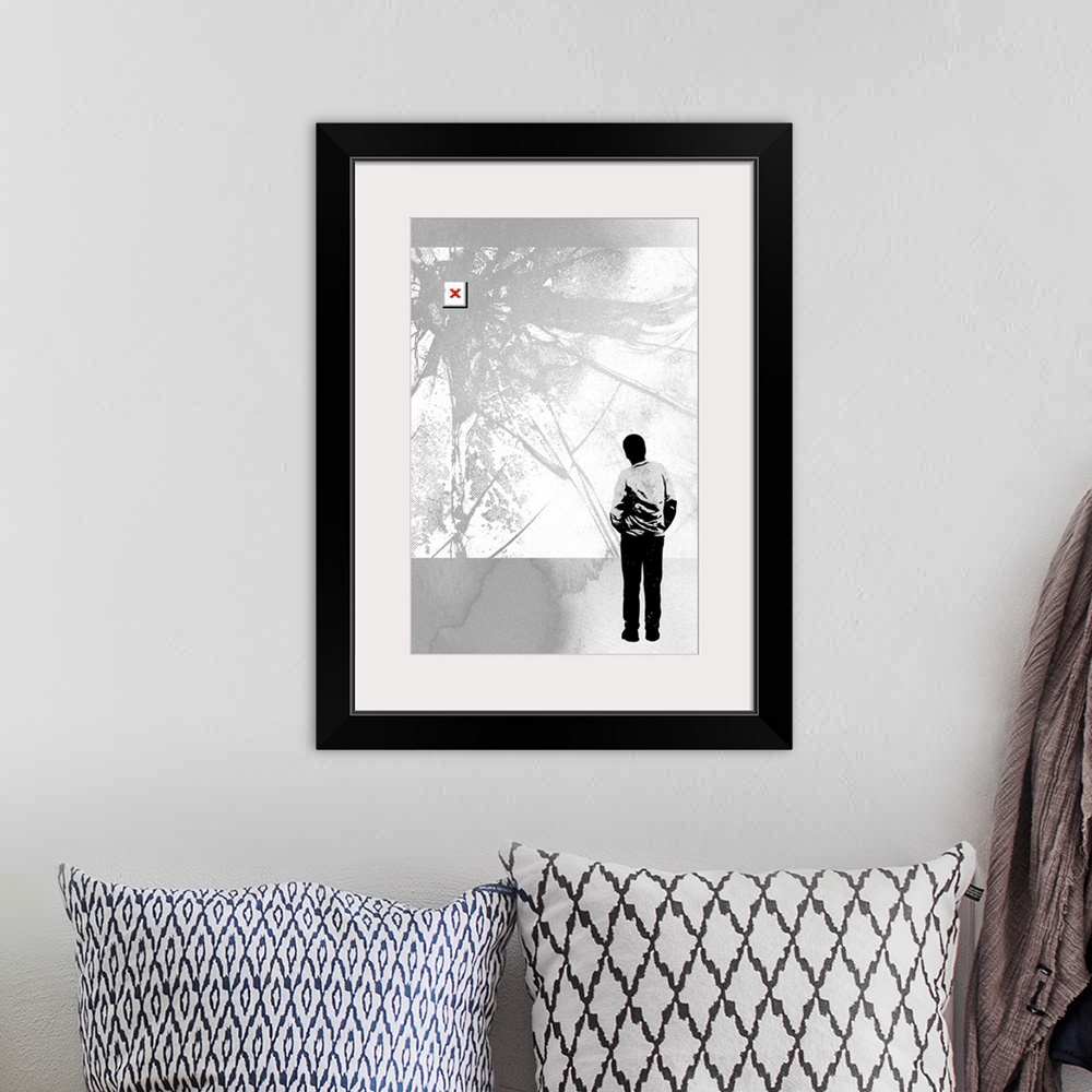 A bohemian room featuring A contemporary piece of artwork that shows a person looking at an abstract artwork print that app...