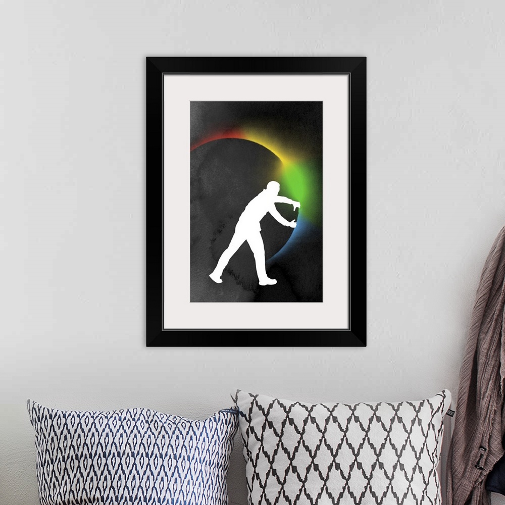 A bohemian room featuring Big abstract art of the silohuette of a man pulling back a circle releasing colorful light.