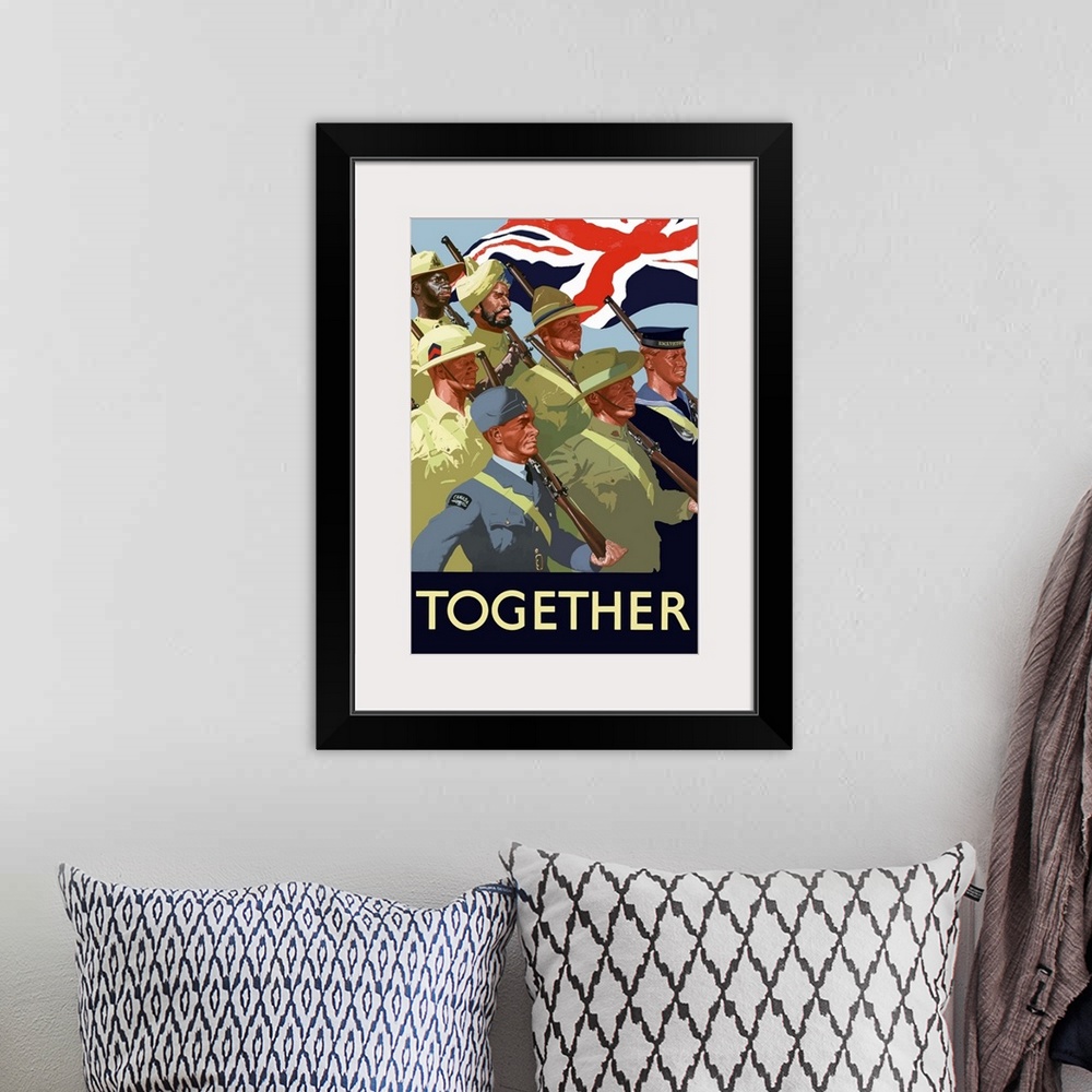 A bohemian room featuring Digitally restored vector war propaganda poster. This vintage World War II poster features the tr...