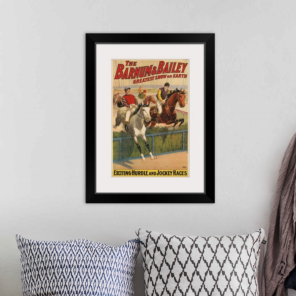 A bohemian room featuring Vintage Barnum & Bailey Circus Poster Of Jockeys On Horses Jumping A Hedge, 1900
