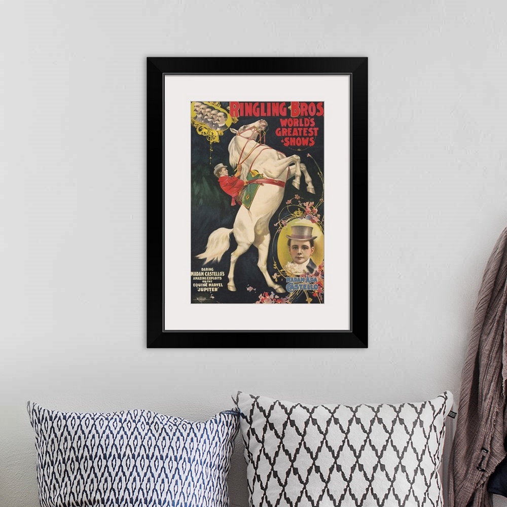 A bohemian room featuring Vintage Ringling Brothers Circus Poster Of Madam Ada Castello On A Rearing Horse, 1899