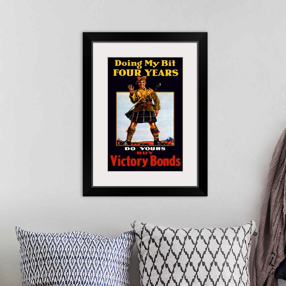 A bohemian room featuring Vintage World War One poster of a soldier holding up four fingers. It reads, Doing My Bit Four Ye...