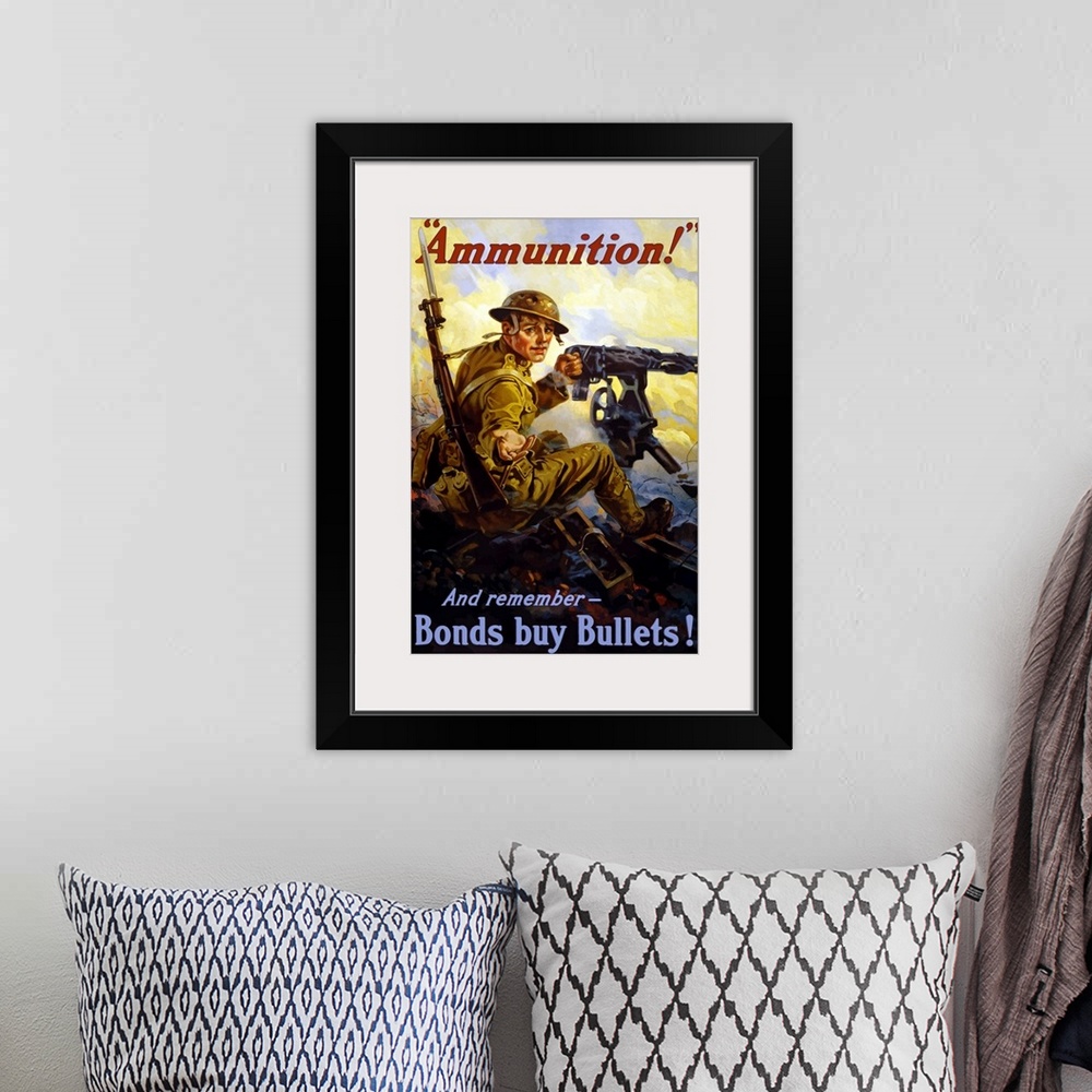 A bohemian room featuring Vintage World War I poster of a U.S. soldier firing a machine gun on a battlefield. His hand is r...