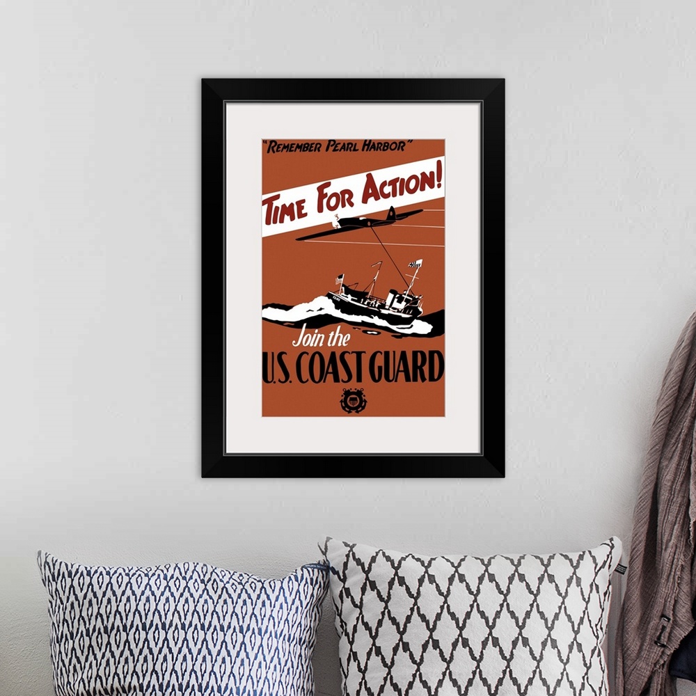 A bohemian room featuring Vintage World War II poster featuring a fighter plane and a ship patrolling the sea.
