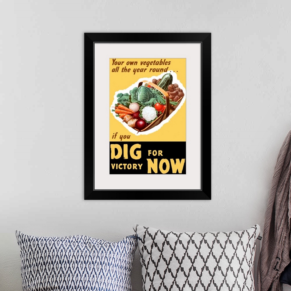 A bohemian room featuring Vintage World War II poster of a basket filled with fresh vegetables. It reads, Your own vegetabl...