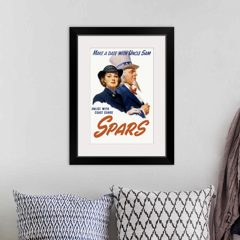 A bohemian room featuring Vintage World War II poster featuring a female Coast Guard Cadet and Uncle Sam. It reads, Make a ...