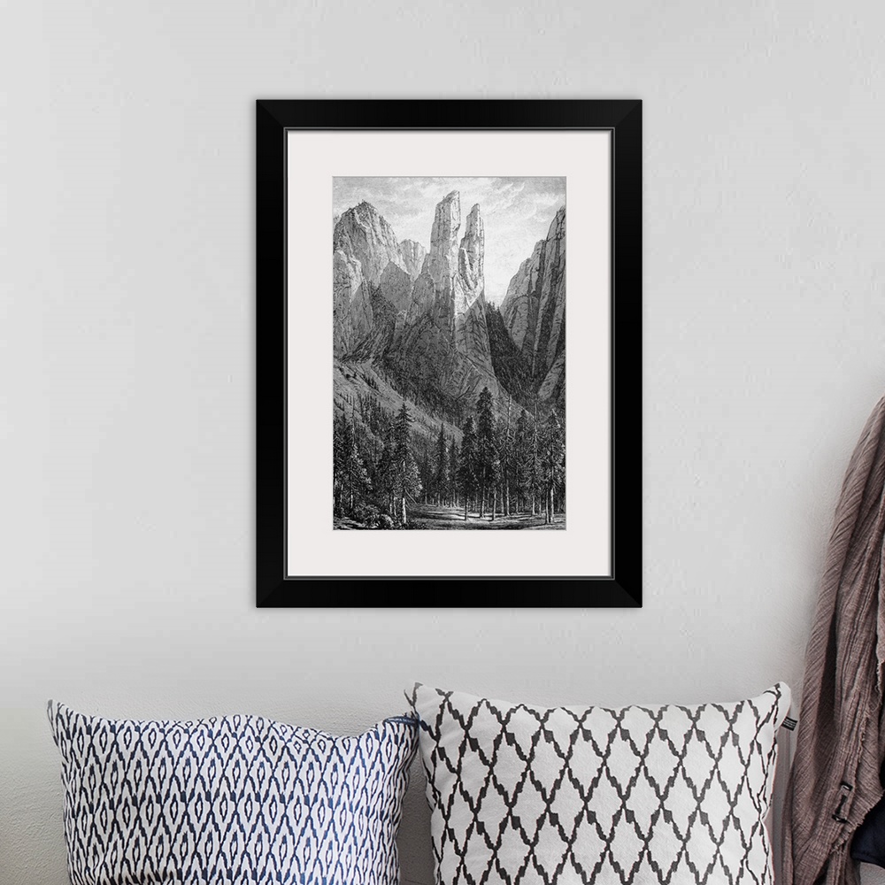 A bohemian room featuring Yosemite, Cathedral Spires. Cathedral Spires Rock Formation In the Yosemite Valley. Wood Engravin...