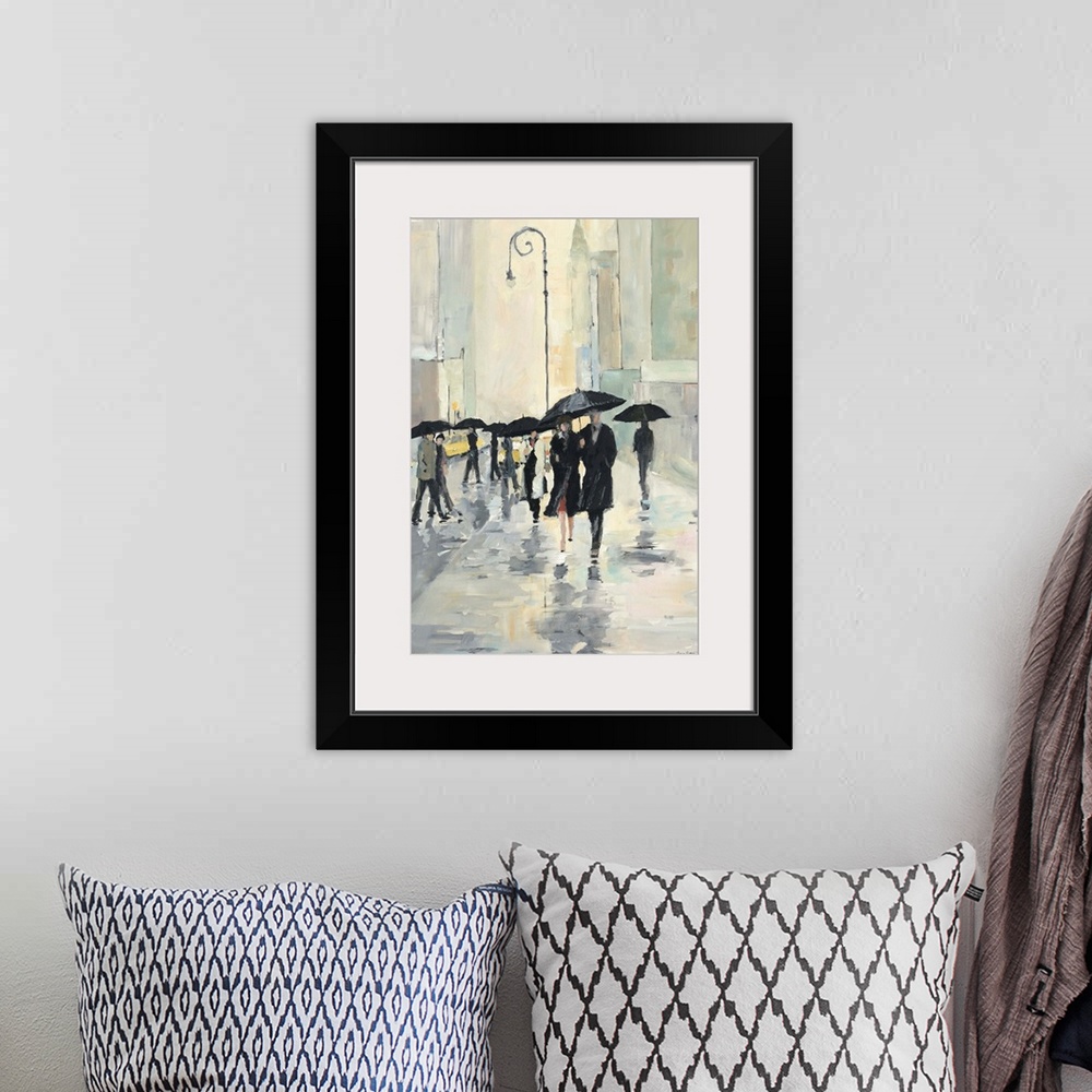 A bohemian room featuring Contemporary painting of people walking in the street downtown in the rain with umbrellas. Their ...
